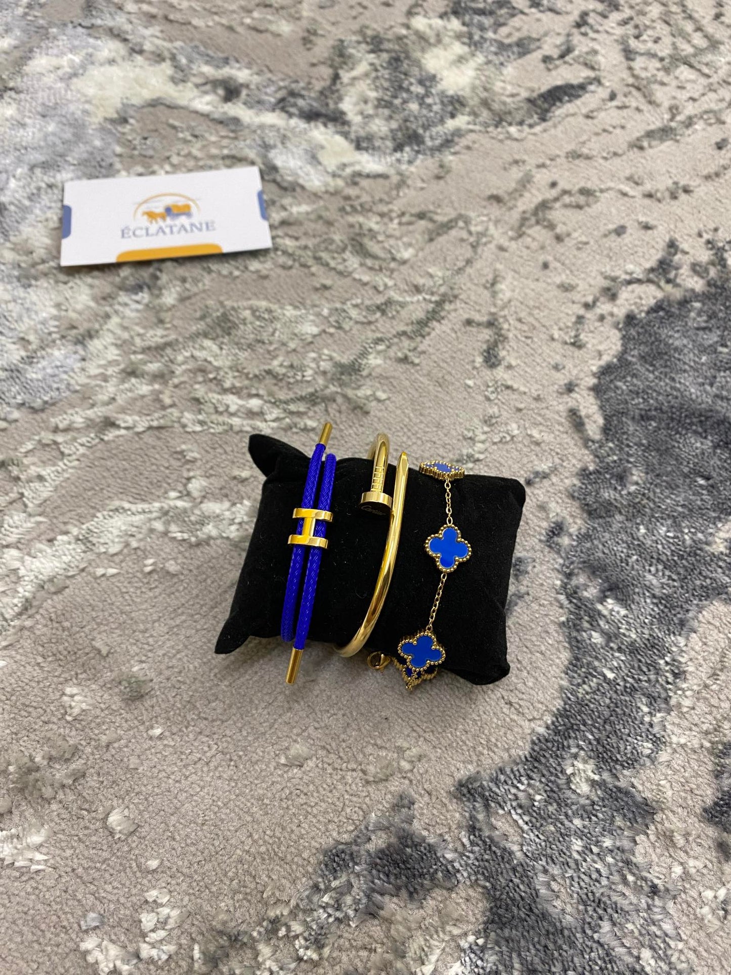 Plated Gold & Blue Bundle | H Bracelet, Gold Nail, Clover