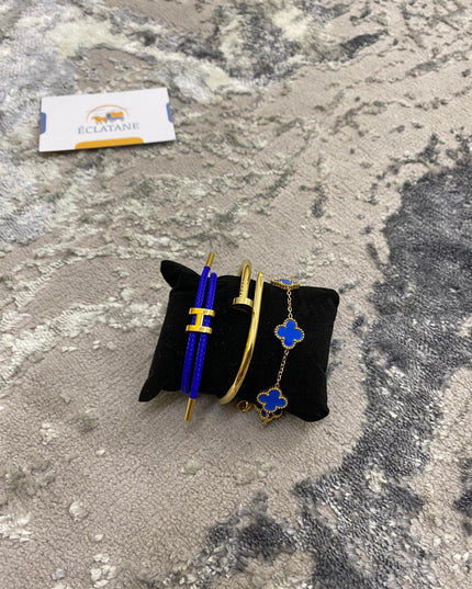 Plated Gold & Blue Bundle | H Bracelet, Gold Nail, Clover
