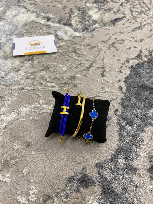 Plated Gold & Blue Bundle | H Bracelet, Gold Nail, Clover