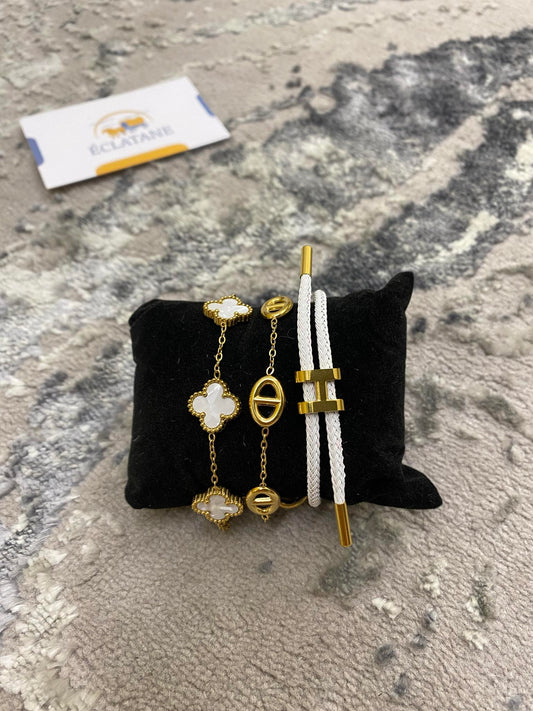 Plated Gold & White Bundle | H Rope Bracelet, CD, Clover Bracelet