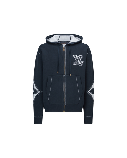 Navy Graphic Intarsia Zipped Cotton Hoodie