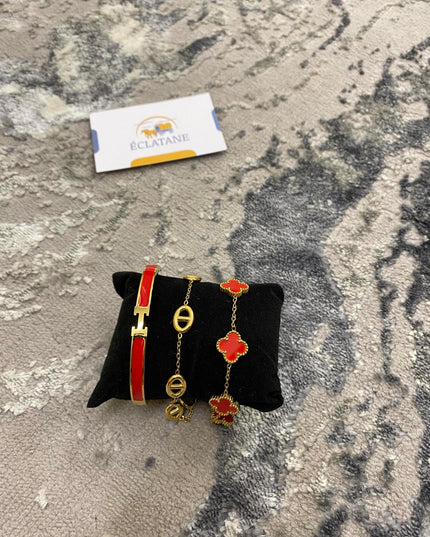 Plated Gold & Red Bundle | H Bracelet, CD, Clover Bracelet