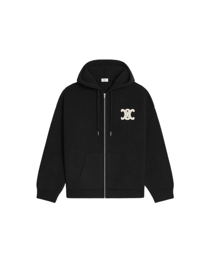 Black Hooded CC Zip Cardigan in Ribbed Wool
