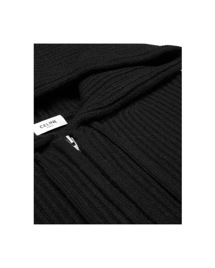 Black Hooded CC Zip Cardigan in Ribbed Wool