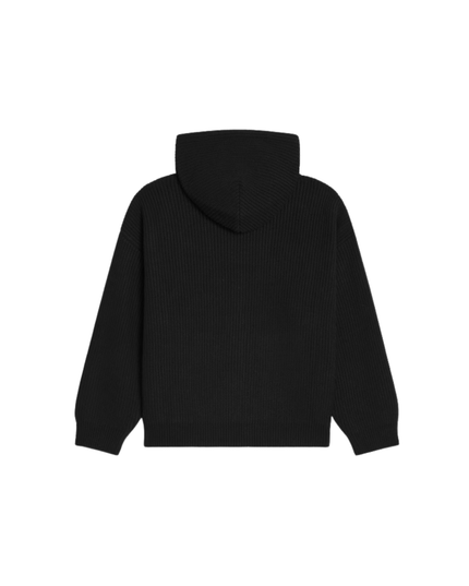Black Hooded CC Zip Cardigan in Ribbed Wool