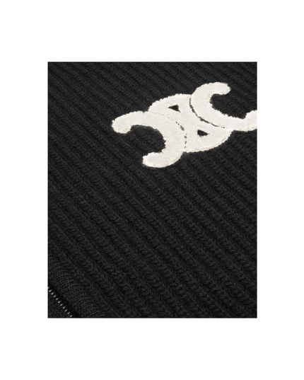 Black Hooded CC Zip Cardigan in Ribbed Wool